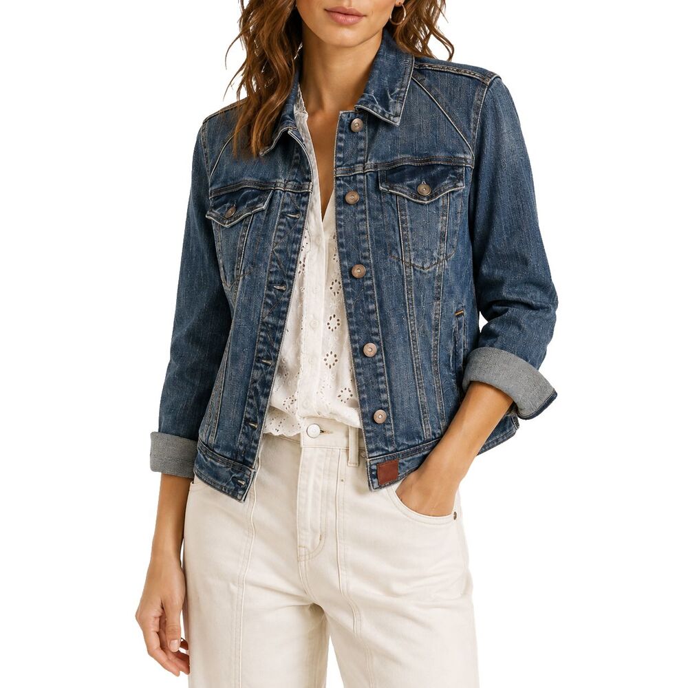 Pilcro Anthropologie Womens Denim Jacket M Blue Stretch Cropped Jean Trucker